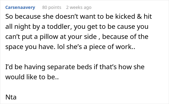 Comment discussing separate beds and space issues in marriage. Comment discussing separate beds and space issues in marriage.