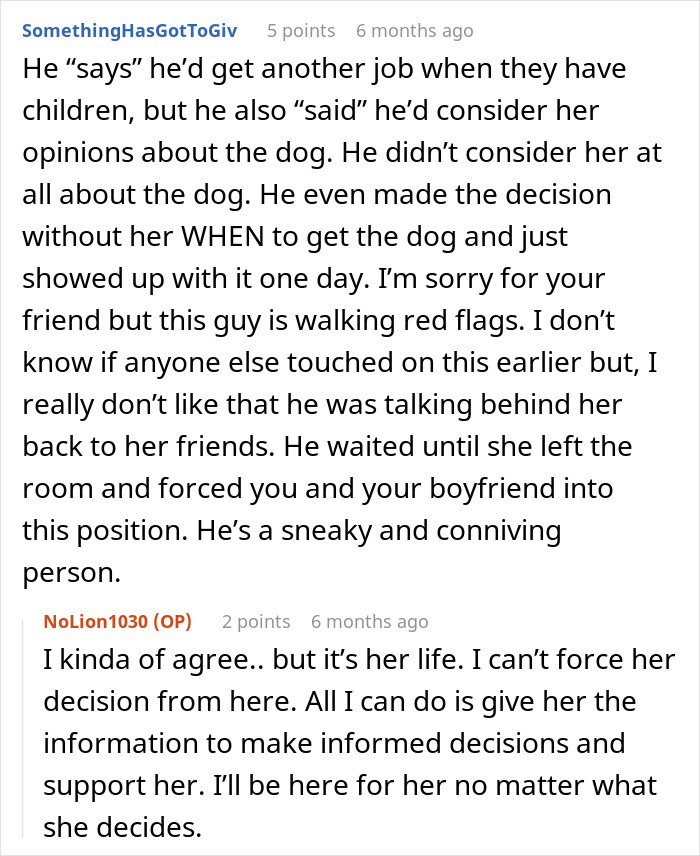 Text exchange discussing a guy and a dog testing a fiancée's suitability as a mother, highlighting concerns and support. Text exchange discussing a guy and a dog testing a fiancée's suitability as a mother, highlighting concerns and support.
