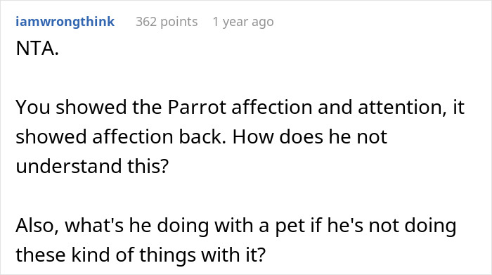 Reddit comment discussing parrot affection and questioning pet care. Reddit comment discussing parrot affection and questioning pet care.