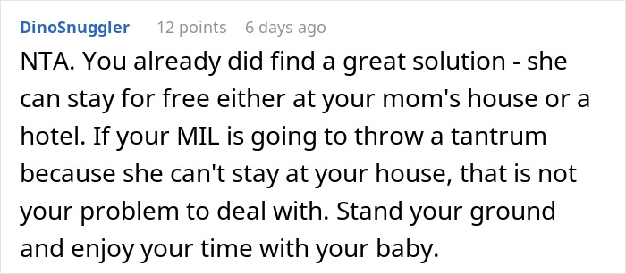 Comment advising DIL on MIL not allowed to sleep over after birth, suggesting alternatives for MIL's stay. Comment advising DIL on MIL not allowed to sleep over after birth, suggesting alternatives for MIL's stay.