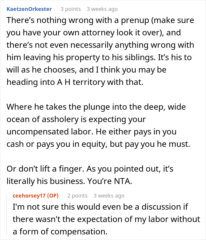 Text exchange discussing excluding partner from will and expecting unpaid labor in property remodel. Text exchange discussing excluding partner from will and expecting unpaid labor in property remodel.