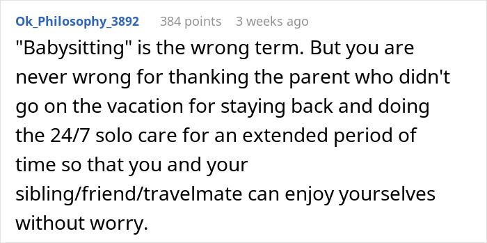 Comment discusses gratitude for a parent staying back to provide 24/7 care during a sibling's birthday trip. Comment discusses gratitude for a parent staying back to provide 24/7 care during a sibling's birthday trip.