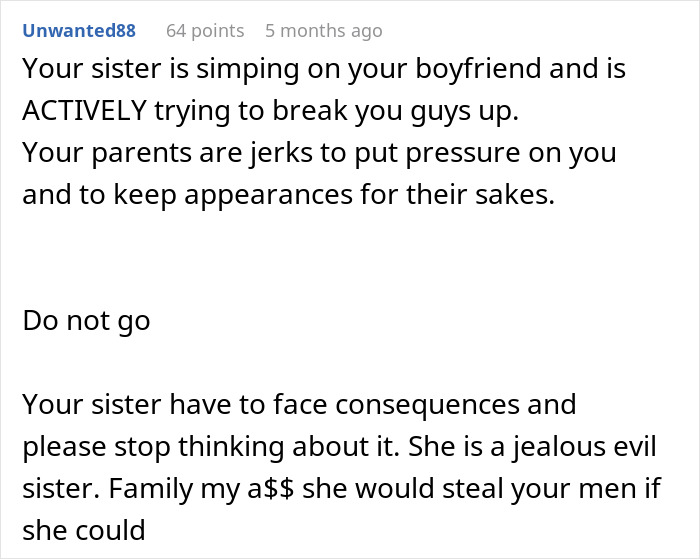 Text screenshot discussing a sister trying to break up a relationship. Text screenshot discussing a sister trying to break up a relationship.