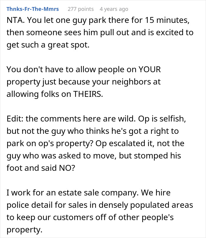 Text discussing a yard sale leading to police involvement due to parking disputes. Text discussing a yard sale leading to police involvement due to parking disputes.