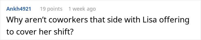 Comment about coworkers covering shifts in a restaurant work scenario. Comment about coworkers covering shifts in a restaurant work scenario.