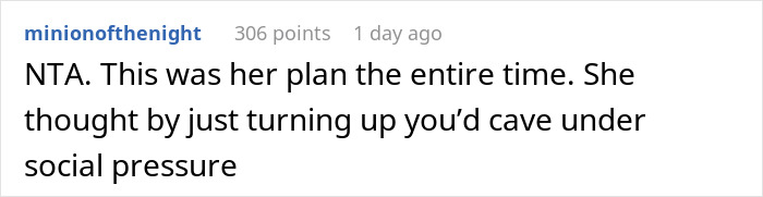 Reddit comment discussing a child-free birthday dinner, receiving 306 points, questioning the friend's intentions. Reddit comment discussing a child-free birthday dinner, receiving 306 points, questioning the friend's intentions.