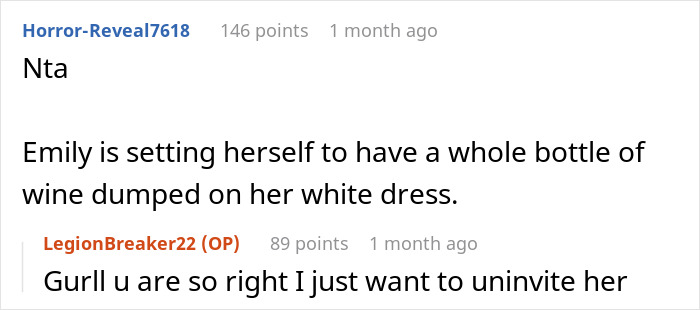 Comments discuss wearing white to a wedding, with one suggesting wine could be spilled on the white dress. Comments discuss wearing white to a wedding, with one suggesting wine could be spilled on the white dress.