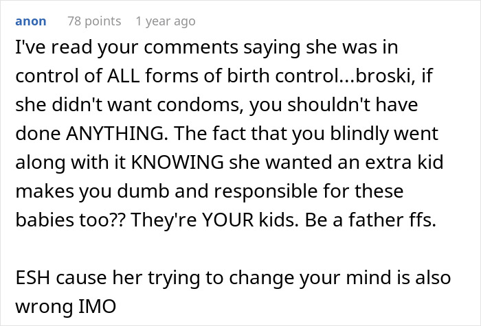 Comment criticizing dad for not helping with twins, mentioning birth control responsibility and vasectomy disagreement. Comment criticizing dad for not helping with twins, mentioning birth control responsibility and vasectomy disagreement.