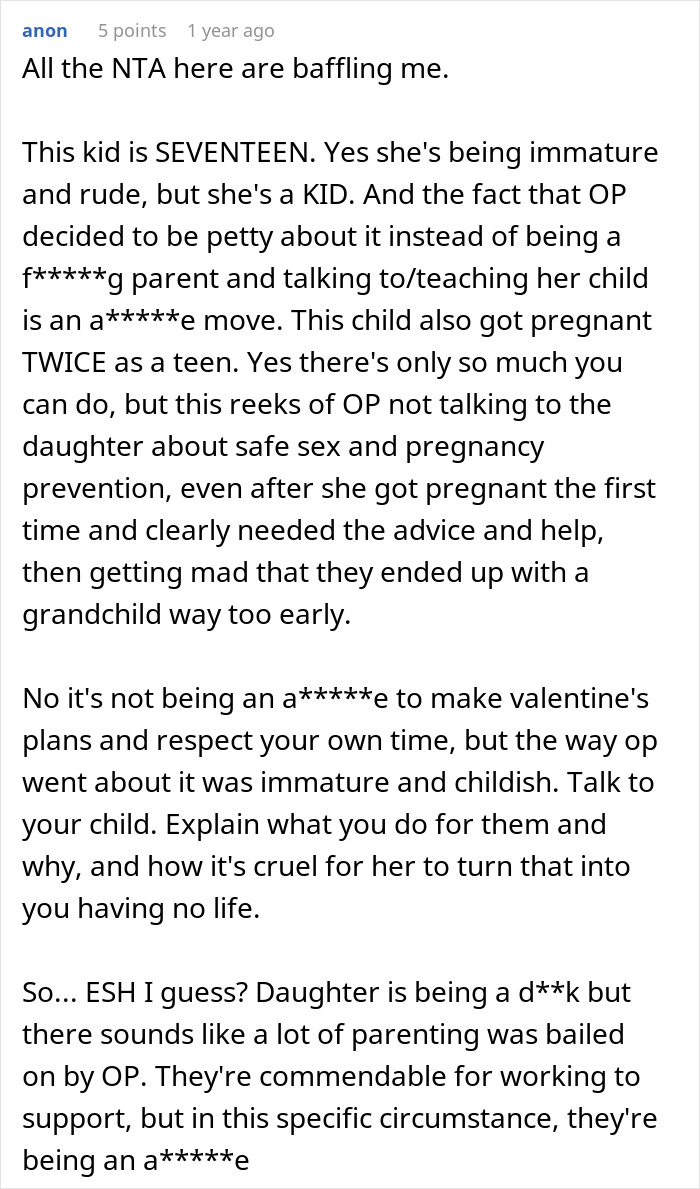Text discussing parenting issues related to assuming babysitting duties and planning for Valentine's Day. Text discussing parenting issues related to assuming babysitting duties and planning for Valentine's Day.