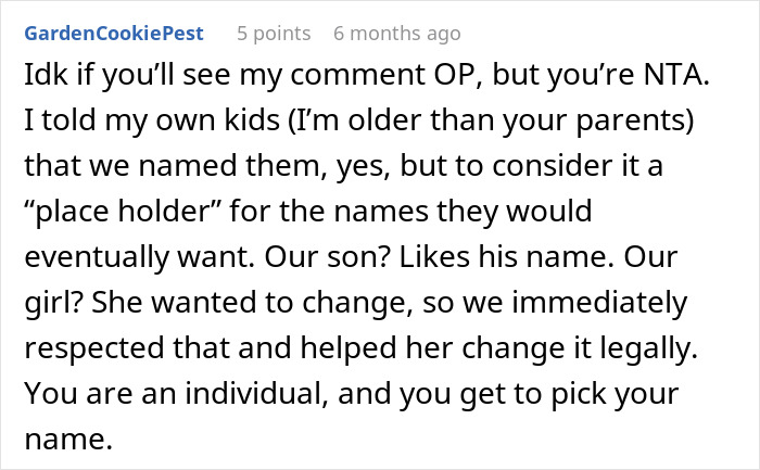 Online comment discussing naming children and identity choices. Online comment discussing naming children and identity choices.