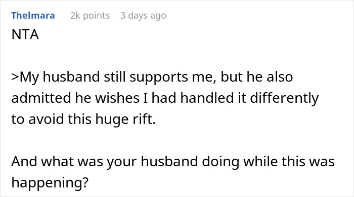 Text comment discussing a husband supporting his wife after a conflict with a mother-in-law over an uninvited dinner guest. Text comment discussing a husband supporting his wife after a conflict with a mother-in-law over an uninvited dinner guest.