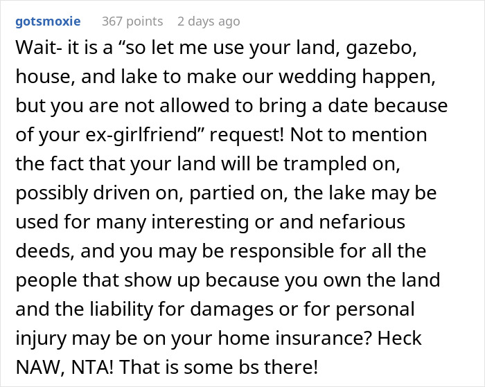 Reddit comment discussing friends' wedding, referencing backyard usage and plus-one denial. Reddit comment discussing friends' wedding, referencing backyard usage and plus-one denial.