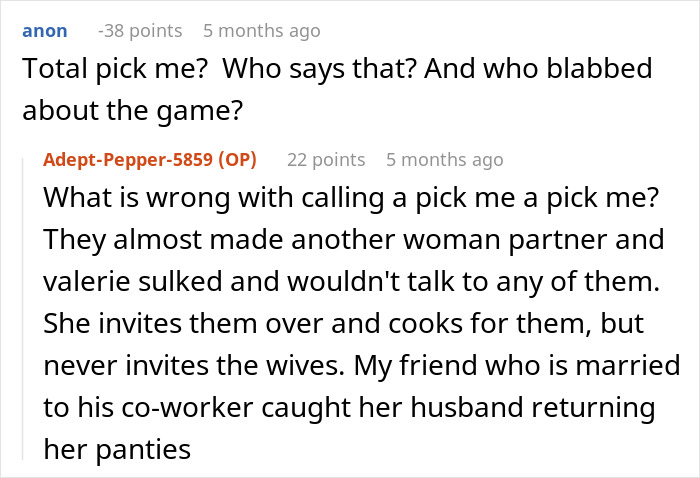 Reddit conversation about a husband's coworkers' "game" involving inappropriate behavior. Reddit conversation about a husband's coworkers' "game" involving inappropriate behavior.