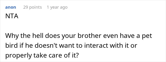 Comment questioning the care and interaction of a pet bird by a sibling, implying they are a bad pet parent. Comment questioning the care and interaction of a pet bird by a sibling, implying they are a bad pet parent.