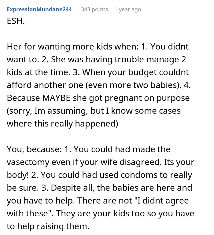Text discussing a dad refusing newborn help due to vasectomy disagreement, highlighting parenting and relationship challenges. Text discussing a dad refusing newborn help due to vasectomy disagreement, highlighting parenting and relationship challenges.