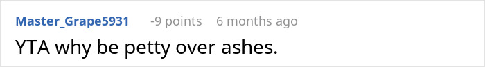 Reddit comment questioning the pettiness over ashes in a family dispute. Reddit comment questioning the pettiness over ashes in a family dispute.