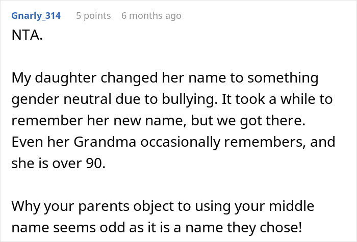 Reddit comment about a daughter changing her name to something gender-neutral due to bullying. Reddit comment about a daughter changing her name to something gender-neutral due to bullying.