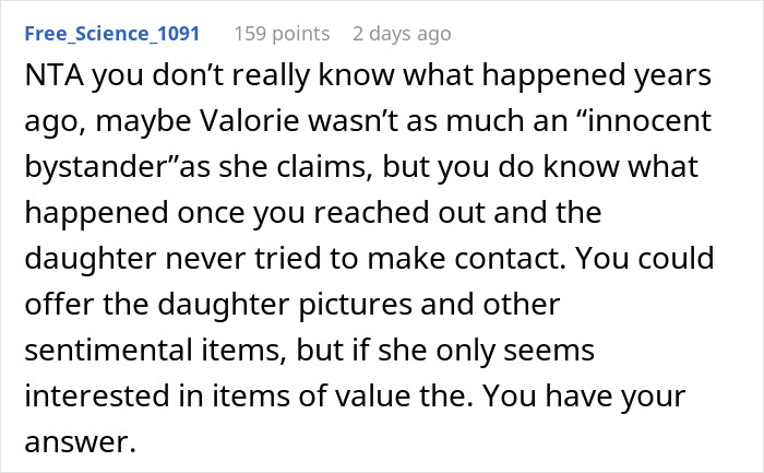 Reddit comment discussing inheritance and the role of a friend's daughter in the decision. Reddit comment discussing inheritance and the role of a friend's daughter in the decision.