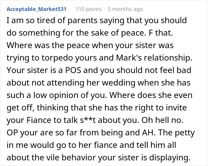Text screenshot discussing a woman's attempt to convince sister's fiancé to end the engagement. Text screenshot discussing a woman's attempt to convince sister's fiancé to end the engagement.