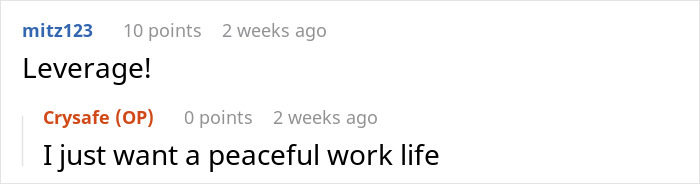 Chat exchange discussing work life, shows a manager's comment and another person's desire for a peaceful work environment.