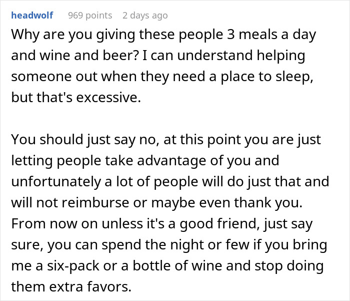 Reddit comment about houseguests treating a woman's home like a hotel, suggesting she set boundaries. Reddit comment about houseguests treating a woman's home like a hotel, suggesting she set boundaries.