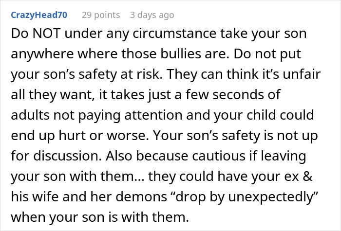 Text response discussing mom's decision on son's safety over stepsiblings' presence at family BBQ. Text response discussing mom's decision on son's safety over stepsiblings' presence at family BBQ.