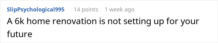 Text comment on renovation expenses related to a sudden inheritance, questioning future investment decisions. Text comment on renovation expenses related to a sudden inheritance, questioning future investment decisions.