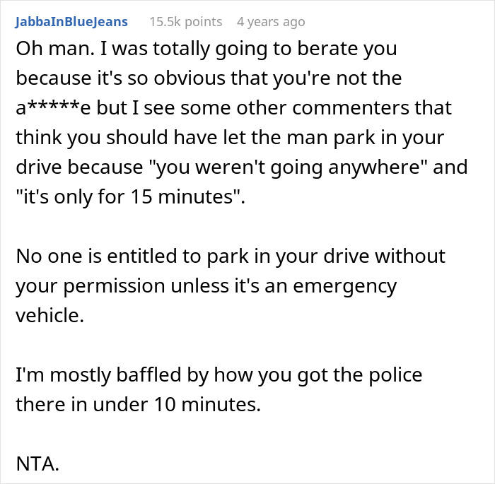 Comment discussing unauthorized driveway parking and police intervention. Comment discussing unauthorized driveway parking and police intervention.