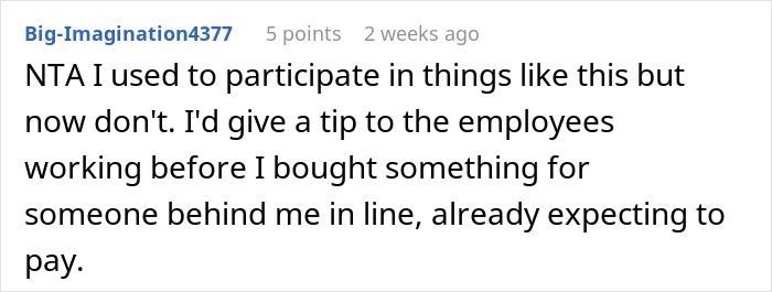 Comment on refusing a pay it forward chain, discussing tipping instead. Comment on refusing a pay it forward chain, discussing tipping instead.