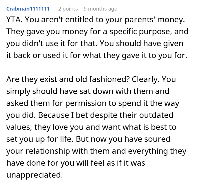 Text screenshot discussing entitlement to parents' money for a wedding. Text screenshot discussing entitlement to parents' money for a wedding.