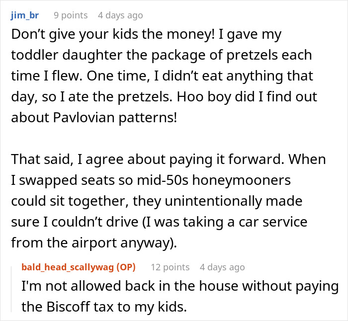 Online discussion about swapping seats on a flight, involving humor and generosity stories. Online discussion about swapping seats on a flight, involving humor and generosity stories.