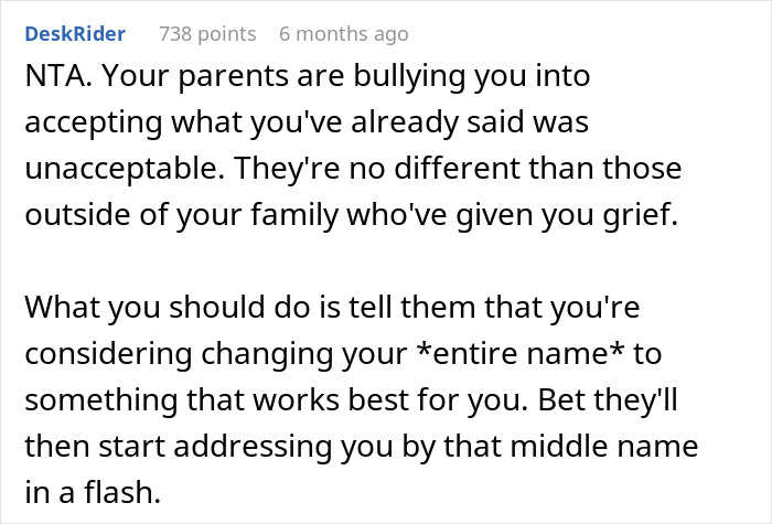 Reddit comment discussing parental pressure about name choice and advice on considering a name change. Reddit comment discussing parental pressure about name choice and advice on considering a name change.