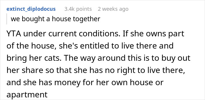Reddit comment discussing a son's allergy to cats and property ownership issues. Reddit comment discussing a son's allergy to cats and property ownership issues.