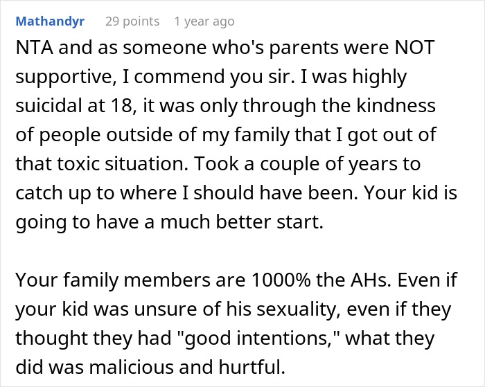 Reddit comment supporting a parent who defended their gay son against unsupportive family. Reddit comment supporting a parent who defended their gay son against unsupportive family.