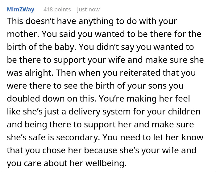 Text discussing a husband prioritizing presence for newborn over supporting wife during labor. Text discussing a husband prioritizing presence for newborn over supporting wife during labor.