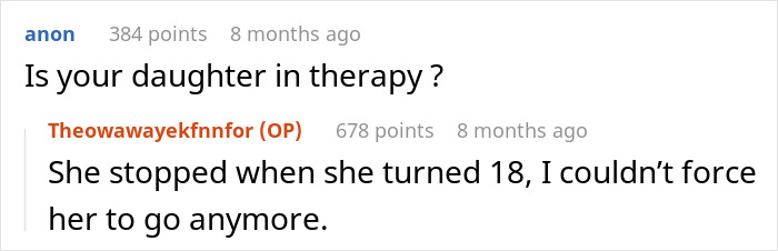 Reddit comments discussing an anxious daughter's therapy amidst a road trip situation. Reddit comments discussing an anxious daughter's therapy amidst a road trip situation.