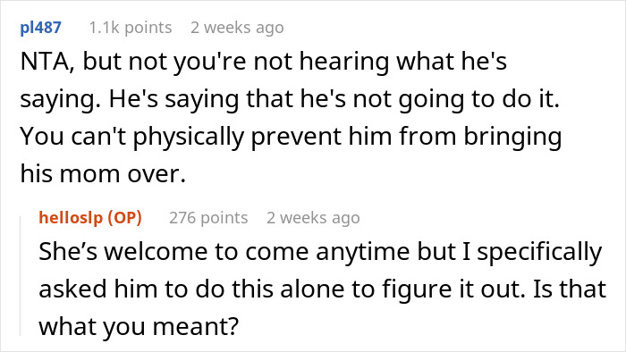 Comments discussing a husband's reluctance to care for their infant son, with emphasis on doing it independently. Comments discussing a husband's reluctance to care for their infant son, with emphasis on doing it independently.