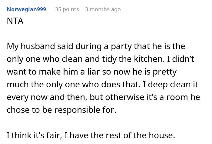 Text post discussing a husband's role in cleaning the kitchen while the wife manages the rest of the house. Text post discussing a husband's role in cleaning the kitchen while the wife manages the rest of the house.