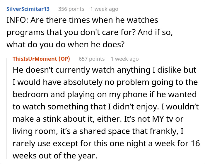 Discussion about sharing living room for watching TV shows. Discussion about sharing living room for watching TV shows.