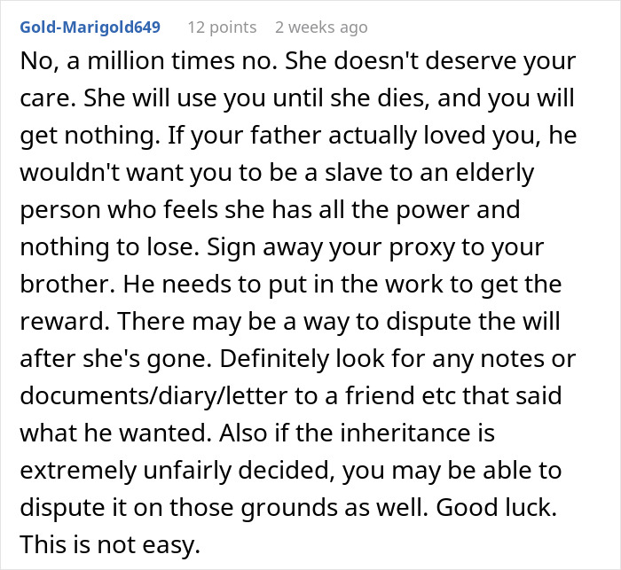 Reddit comment discussing inheritance advice regarding unequal distribution between siblings. Reddit comment discussing inheritance advice regarding unequal distribution between siblings.