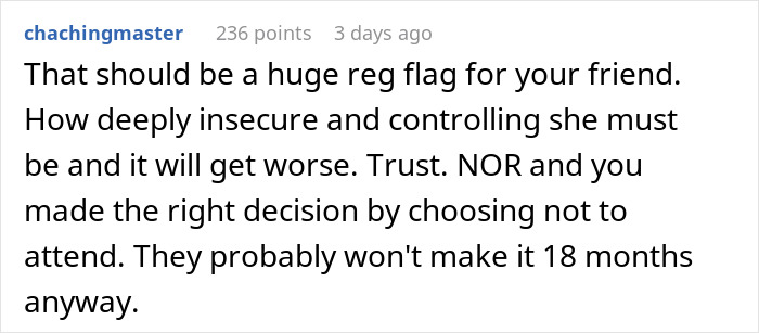 Comment discussing a man's decision to skip his best friend's wedding due to his fiancée being banned for attractiveness. Comment discussing a man's decision to skip his best friend's wedding due to his fiancée being banned for attractiveness.