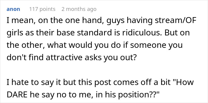 Screenshot of a comment discussing dating standards and rejection, reflecting on asking out a best friend. Screenshot of a comment discussing dating standards and rejection, reflecting on asking out a best friend.