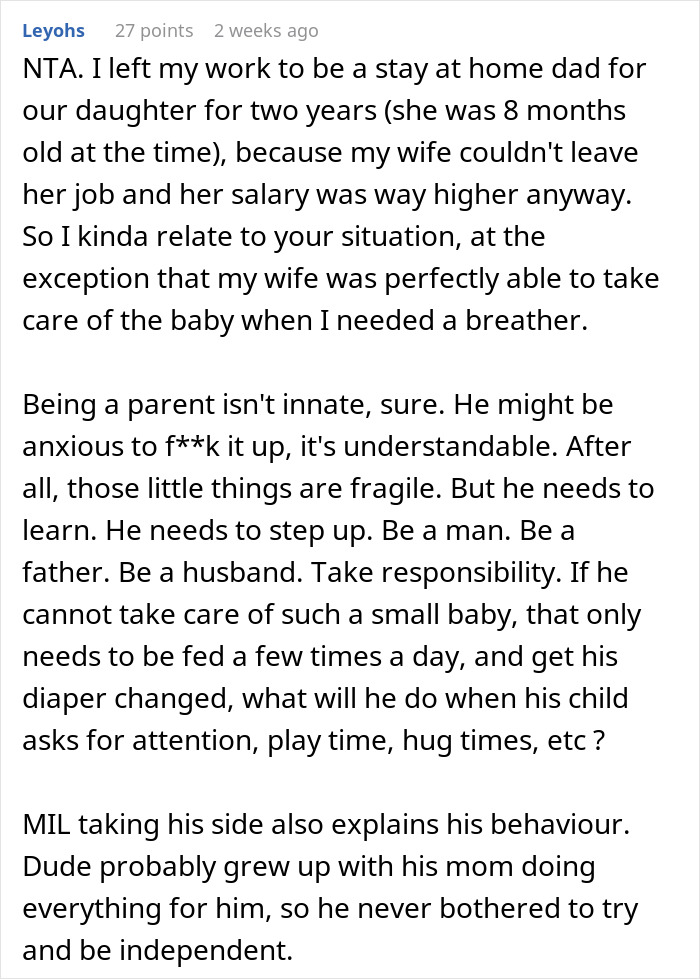 Text discussion about parenting roles, mentioning a husband not taking responsibility for an infant son. Text discussion about parenting roles, mentioning a husband not taking responsibility for an infant son.