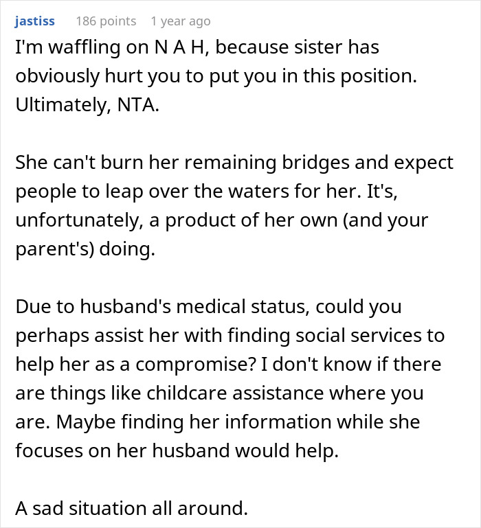 Reddit comment discussing a tough conversation about refusing to rebook an expensive trip to assist a sister in need. Reddit comment discussing a tough conversation about refusing to rebook an expensive trip to assist a sister in need.