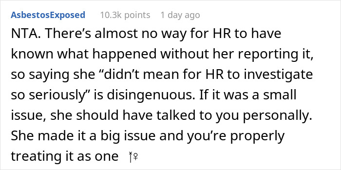 Comment discussing HR complaint over coworker issue. Comment discussing HR complaint over coworker issue.