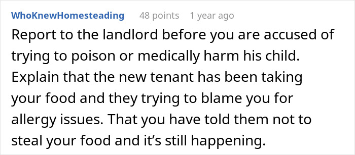 Comment advising to report a landlord about food theft and allergy blame concerns with a roommate's child. Comment advising to report a landlord about food theft and allergy blame concerns with a roommate's child.