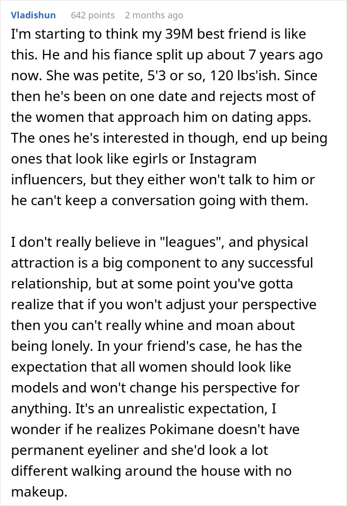 Text discussing a person's unrealistic dating expectations and their impact on loneliness. Text discussing a person's unrealistic dating expectations and their impact on loneliness.