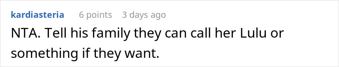 Comment on family reaction to baby name, suggesting calling her Lulu instead. Comment on family reaction to baby name, suggesting calling her Lulu instead.