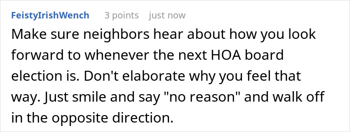 Text screenshot featuring HOA chair's wife parking situation discussion. Text screenshot featuring HOA chair's wife parking situation discussion.