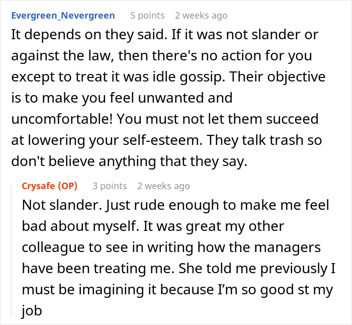 Group chat text exchange where managers' comments make someone feel uncomfortable and patronized.